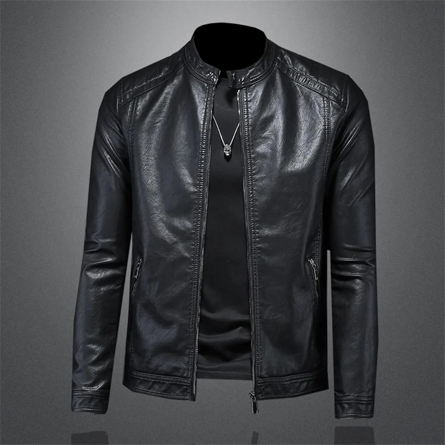 Men’s Stand Collar Motorcycle Leather Jacket Slim Fit Cool Weather Winter Coat