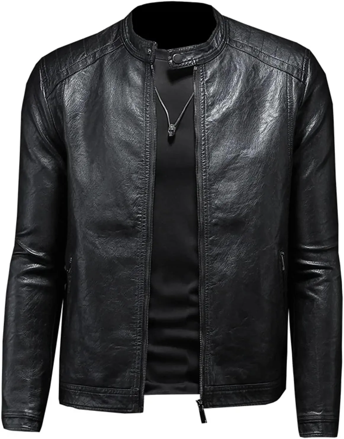 Men’s Stand Collar Motorcycle Leather Jacket Slim Fit Cool Weather Winter Coat