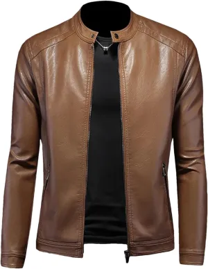 Men’s Stand Collar Motorcycle Leather Jacket Slim Fit Cool Weather Winter Coat