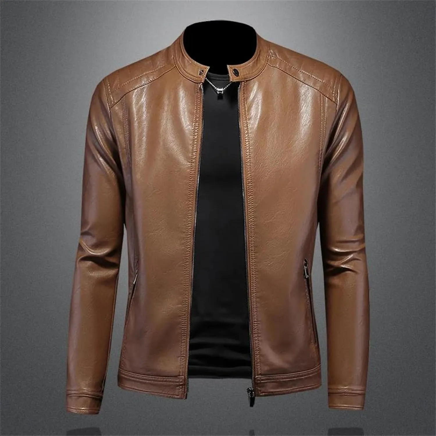 Men’s Stand Collar Motorcycle Leather Jacket Slim Fit Cool Weather Winter Coat