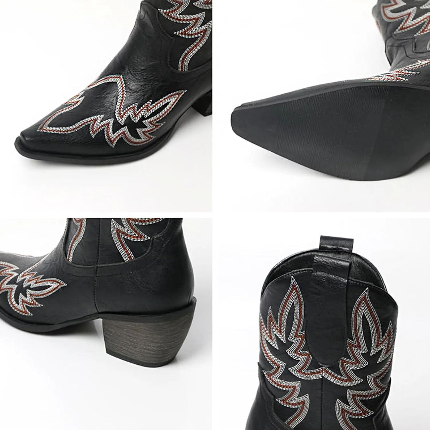 MEOTINA Black Ankle Boots for Women Short Cowboy Boot Wide Calf Cowgirl Booties Square Toe Ankle Western Bootie Concert Shoes