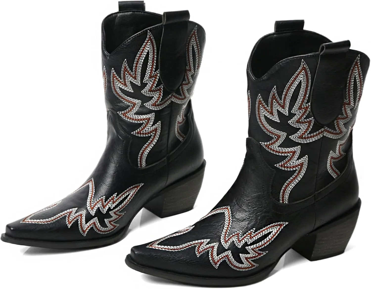 MEOTINA Black Ankle Boots for Women Short Cowboy Boot Wide Calf Cowgirl Booties Square Toe Ankle Western Bootie Concert Shoes
