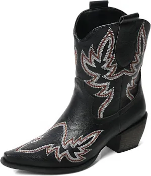 MEOTINA Black Ankle Boots for Women Short Cowboy Boot Wide Calf Cowgirl Booties Square Toe Ankle Western Bootie Concert Shoes