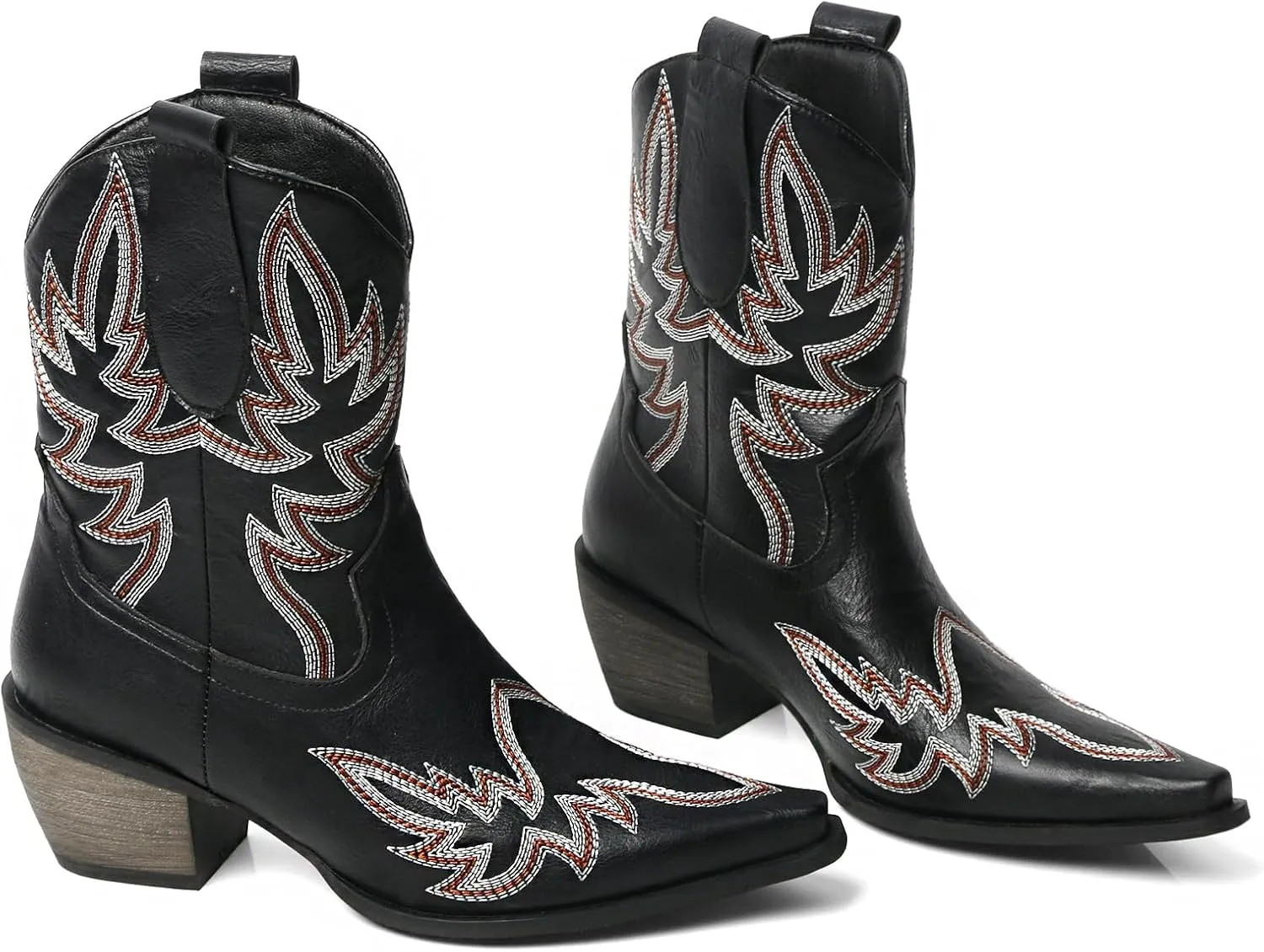 MEOTINA Black Ankle Boots for Women Short Cowboy Boot Wide Calf Cowgirl Booties Square Toe Ankle Western Bootie Concert Shoes