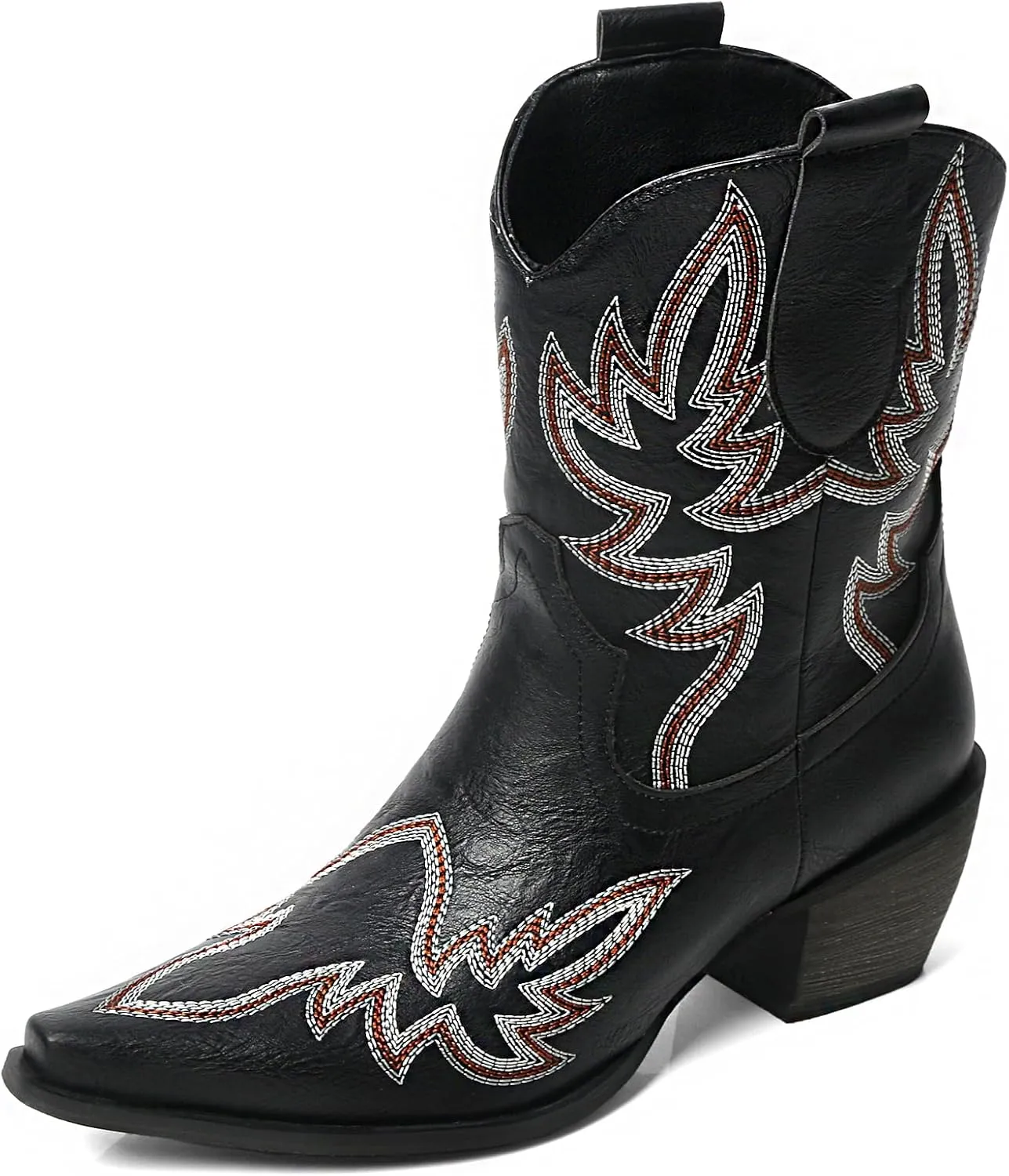 MEOTINA Black Ankle Boots for Women Short Cowboy Boot Wide Calf Cowgirl Booties Square Toe Ankle Western Bootie Concert Shoes