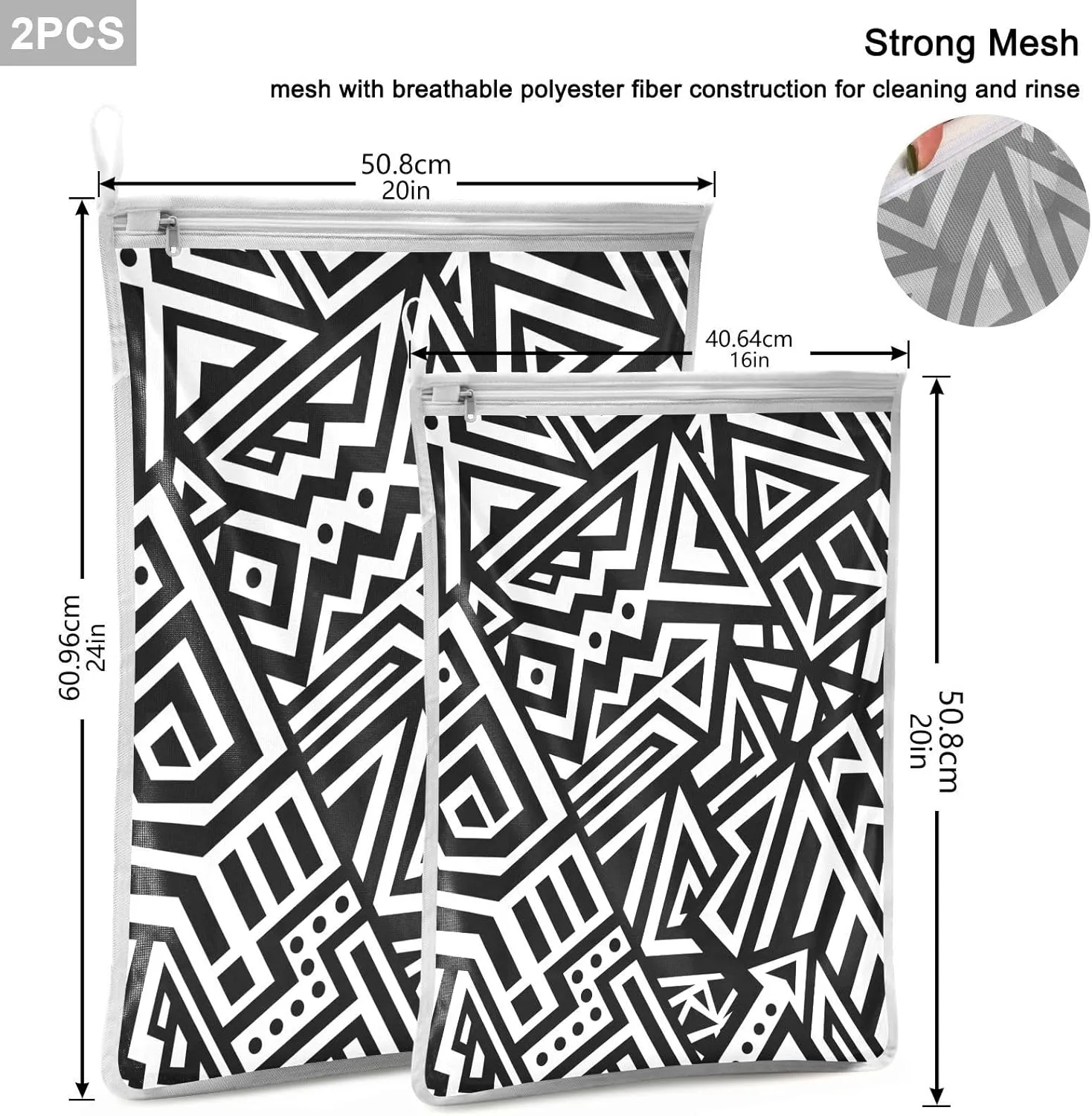Mesh Laundry Bags Lingerie Bags for Washing Delicates 2 PCS Wash Bag with Zipper Small and Medium Washable Abstract Black and White