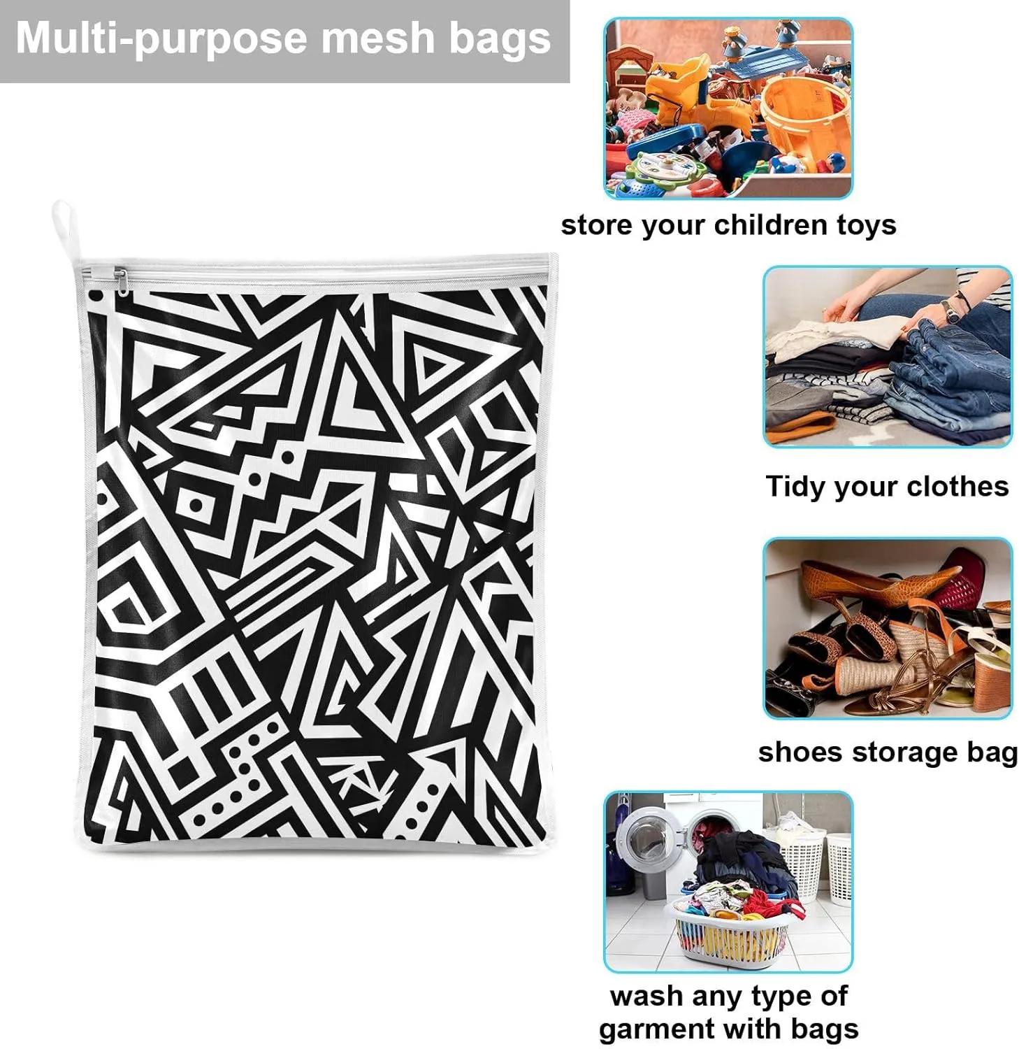 Mesh Laundry Bags Lingerie Bags for Washing Delicates 2 PCS Wash Bag with Zipper Small and Medium Washable Abstract Black and White