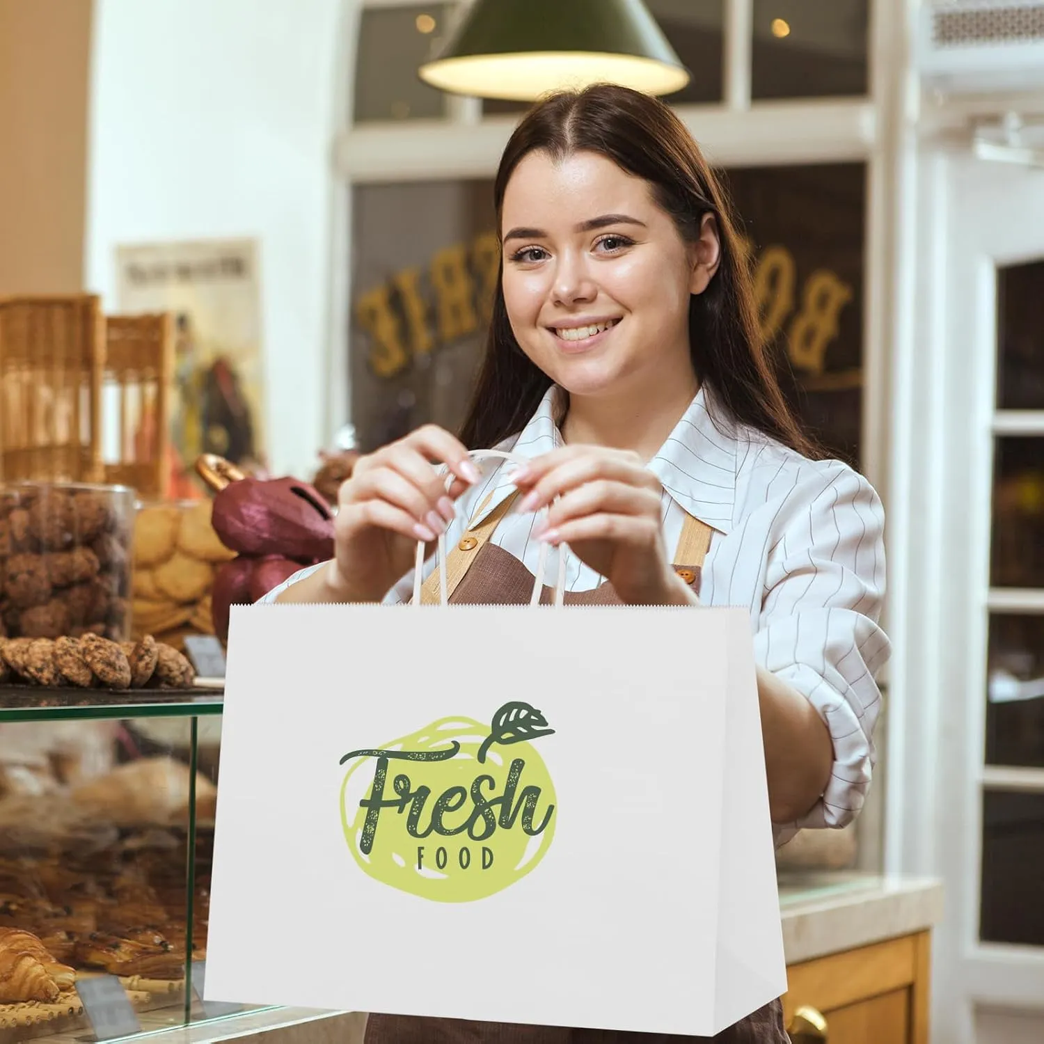 MESHA 16x6x12'' White Kraft Paper Bags With Handles,50 Pack Large Gift Bags Bulk Bulk Reusable for Business,Retail,Birthday,Wedding,Party,Favor,Merchandise,Grocery Shopping Bag