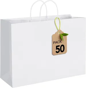 MESHA 16x6x12'' White Kraft Paper Bags With Handles,50 Pack Large Gift Bags Bulk Bulk Reusable for Business,Retail,Birthday,Wedding,Party,Favor,Merchandise,Grocery Shopping Bag