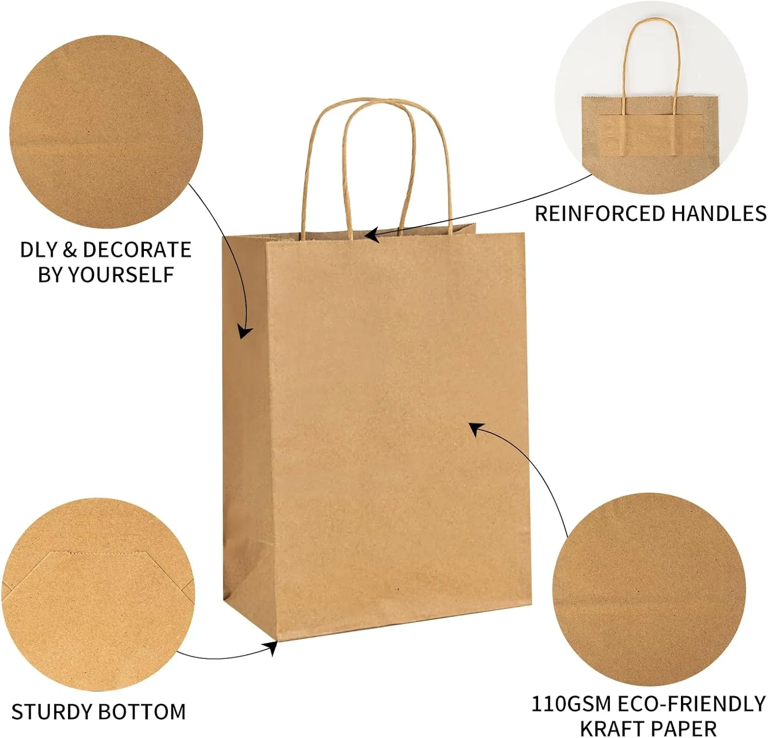 METAPRINT 100 Pack 8x4.5x10.8 Inch Medium Paper Gift Bags with Handles Bulk, Brown Kraft Paper Bags for Grocery Shopping Retail, Birthday, Party Favors, Wedding