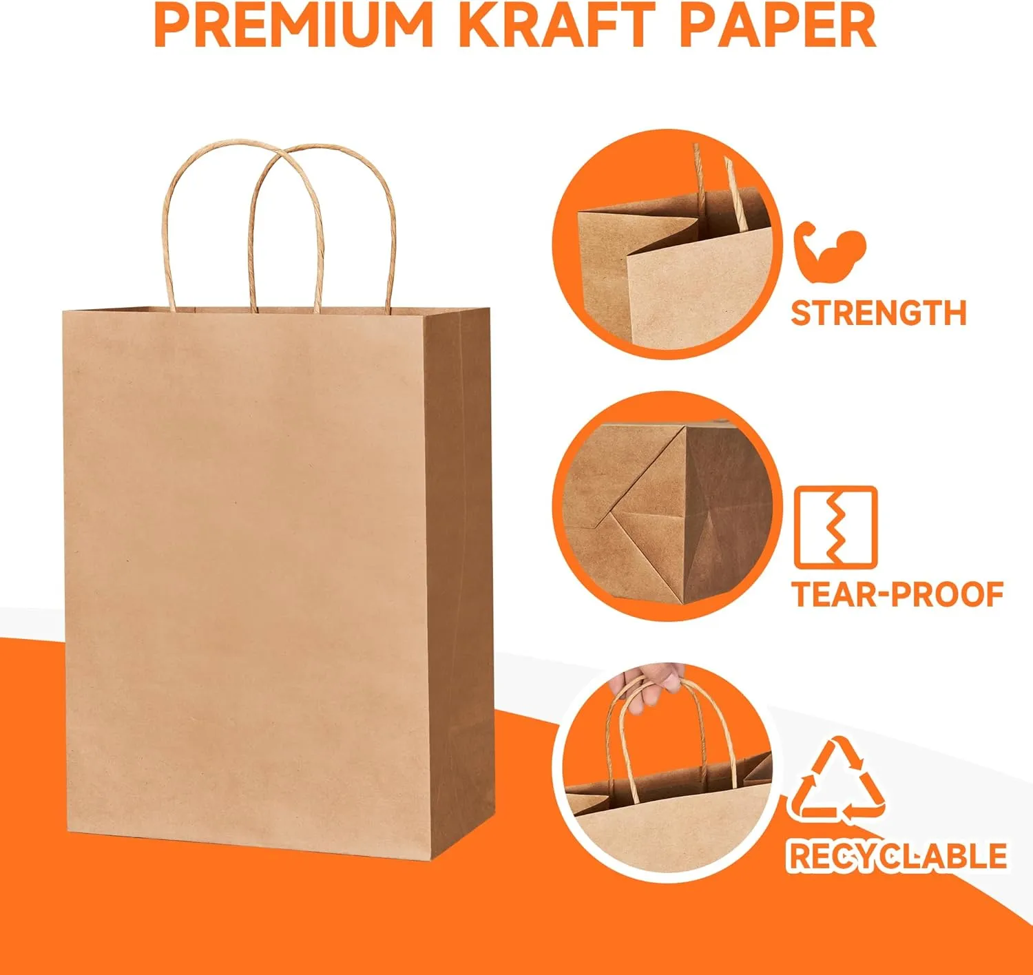 METAPRINT 100 Pack 8x4.5x10.8 Inch Medium Paper Gift Bags with Handles Bulk, Brown Kraft Paper Bags for Grocery Shopping Retail, Birthday, Party Favors, Wedding