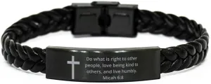 Micah 6:8 Braided Leather Bracelet Christian Bible Verse Cross - Inspirational Engraved Religious Quote Faith God For Men Women, Personalized Gifts
