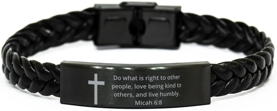 Micah 6:8 Braided Leather Bracelet Christian Bible Verse Cross - Inspirational Engraved Religious Quote Faith God For Men Women, Personalized Gifts