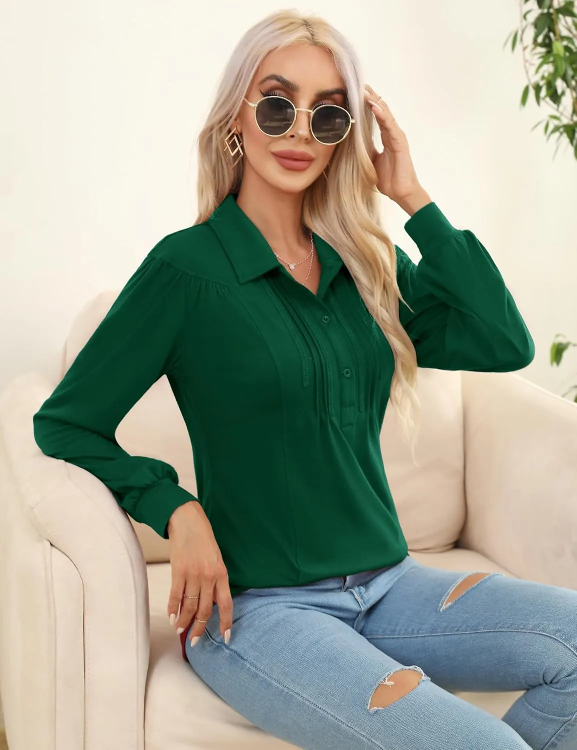 Micoson Polo Shirts for Women Long Sleeve Button Down Collared Tops Loose Casual Tunic Blouses