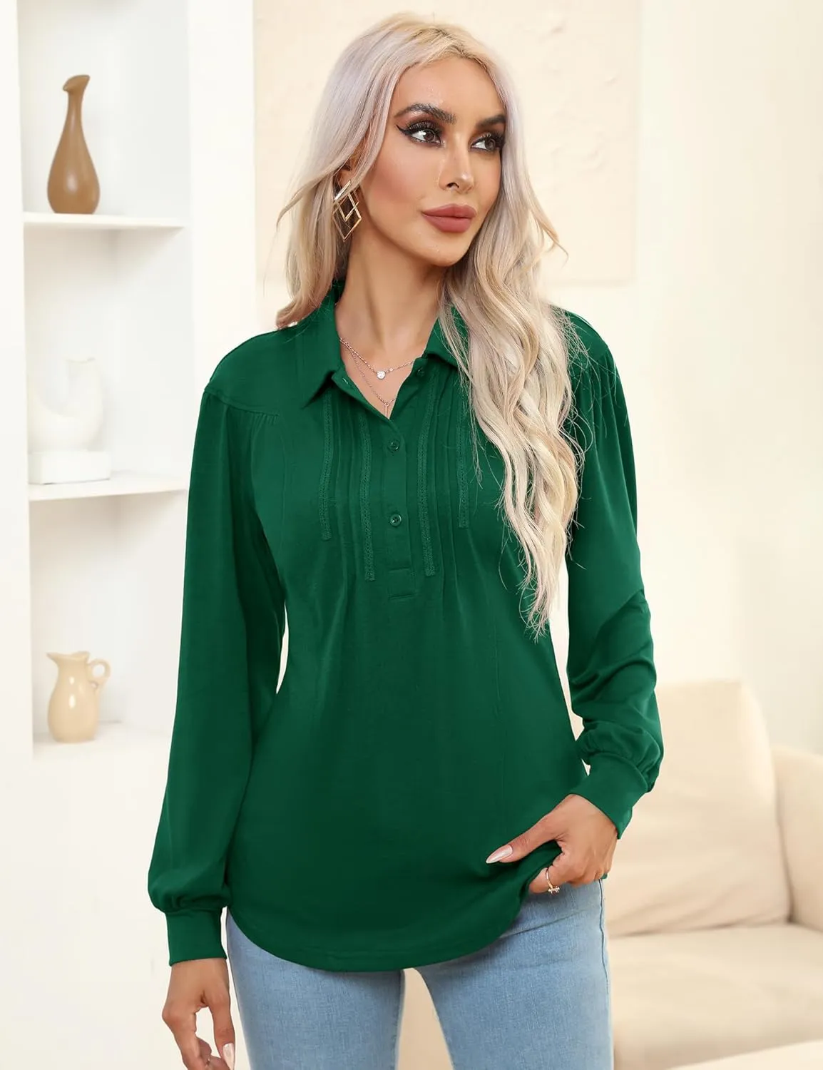 Micoson Polo Shirts for Women Long Sleeve Button Down Collared Tops Loose Casual Tunic Blouses