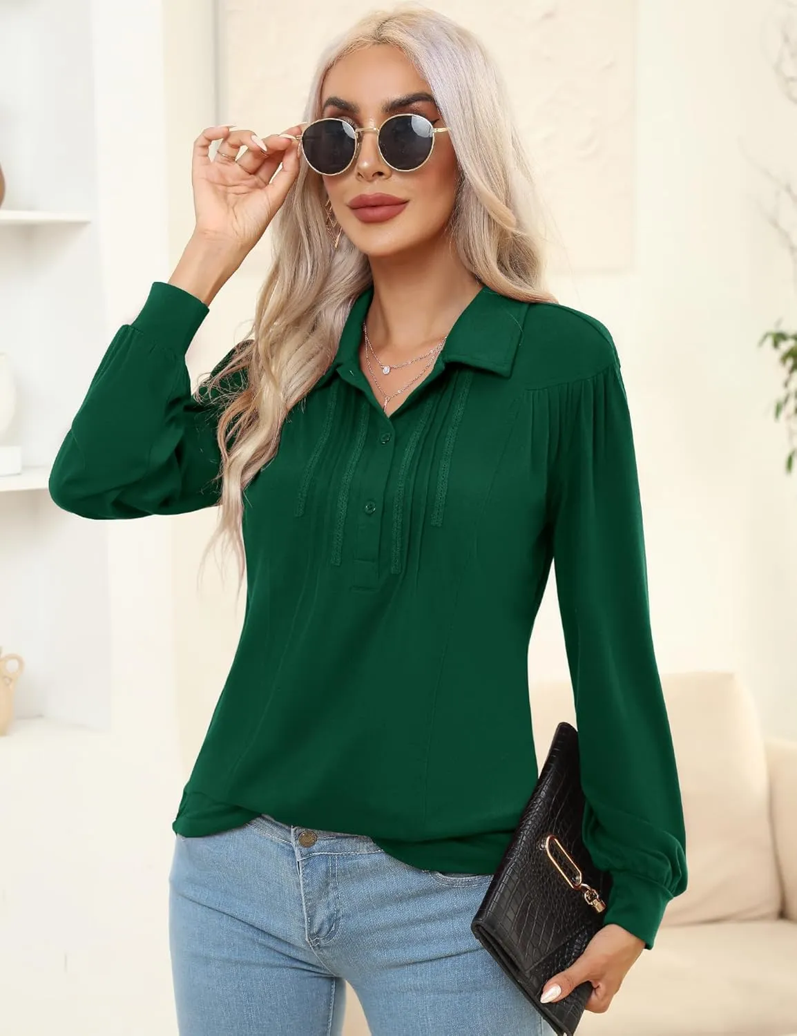 Micoson Polo Shirts for Women Long Sleeve Button Down Collared Tops Loose Casual Tunic Blouses