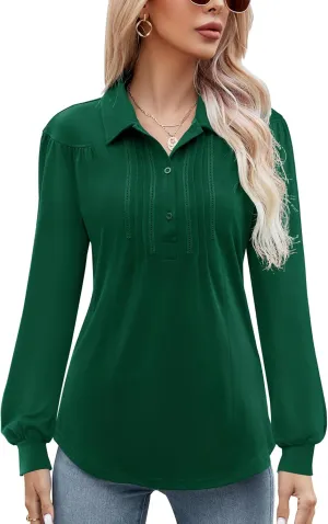 Micoson Polo Shirts for Women Long Sleeve Button Down Collared Tops Loose Casual Tunic Blouses
