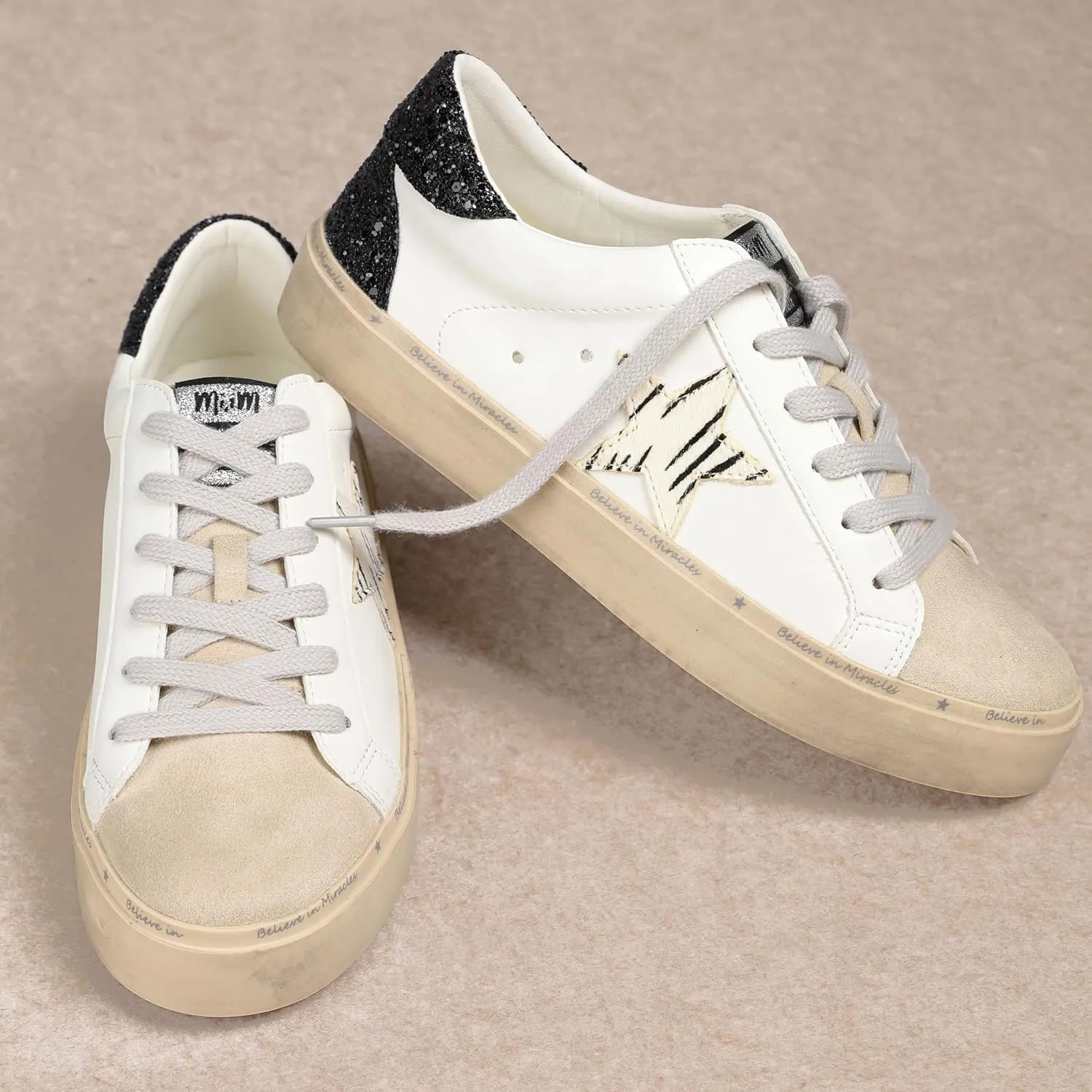 Mi.iM Gaby Rubber Sole Lace-up Snake Print Suede Star Sneakers