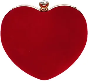 Mily Women Suede Velvet Heart Shape Evening Bag Purse Party Bag Tote with a Chain and handle Ring Red