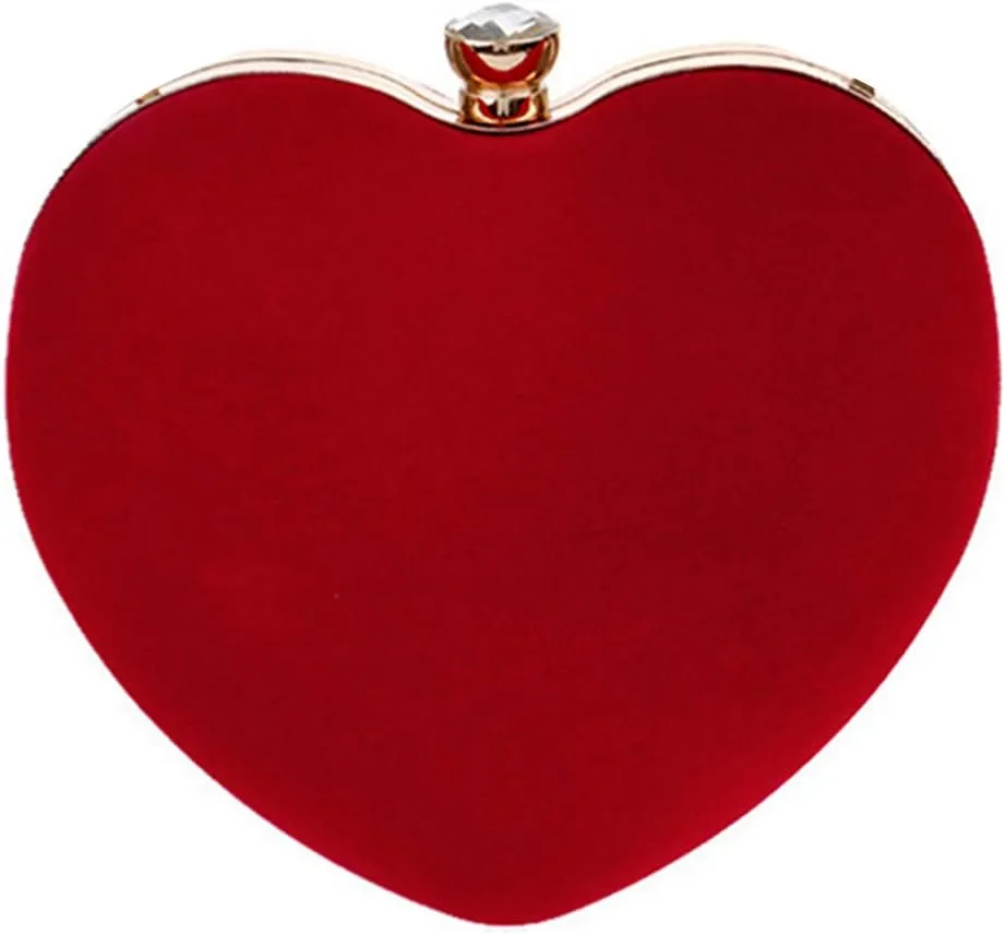 Mily Women Suede Velvet Heart Shape Evening Bag Purse Party Bag Tote with a Chain and handle Ring Red