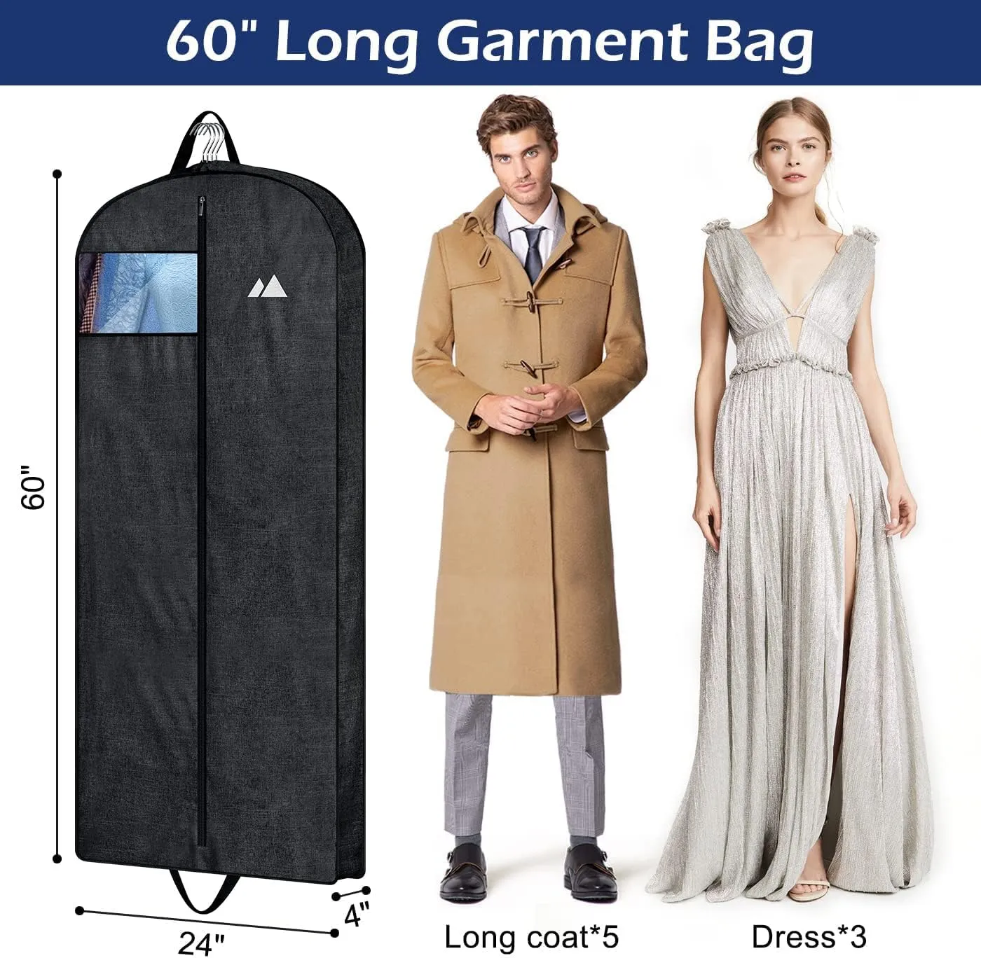 MISSLO 60" Heavy Duty Long Garment Bags for Travel Monogrammed Dress Bag Waterproof Oxford Fabric Wedding Dress Cover for Gowns, Black