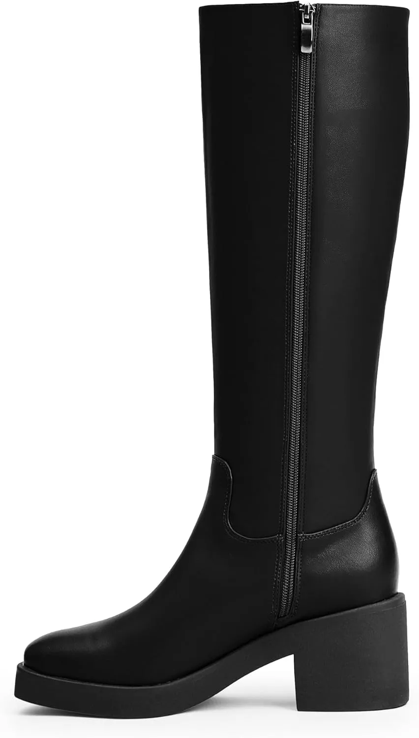 Modatope Platform Knee High Boots Square Toe Chunky Heel Boots for Women Side Zipper Block Heel Womens Heeled Boots
