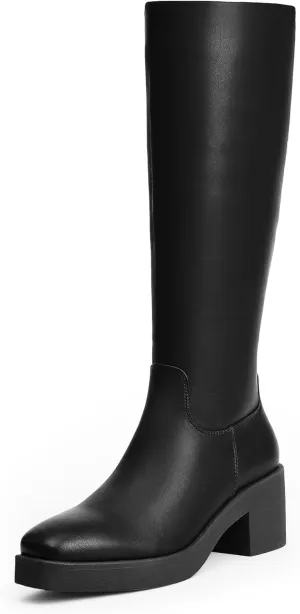 Modatope Platform Knee High Boots Square Toe Chunky Heel Boots for Women Side Zipper Block Heel Womens Heeled Boots