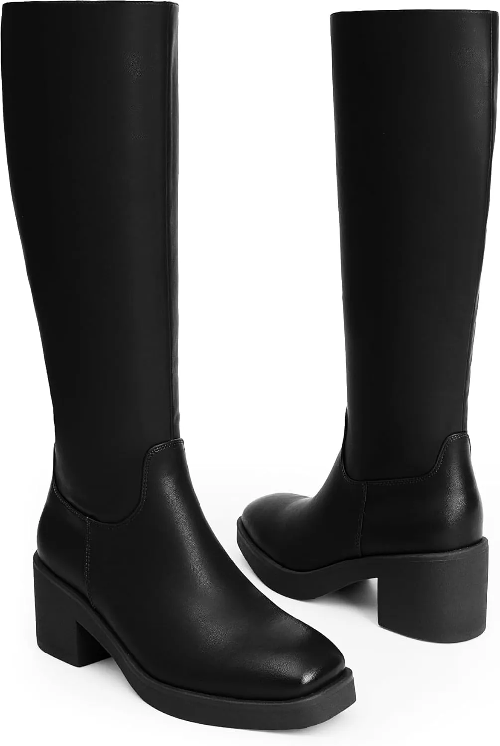 Modatope Platform Knee High Boots Square Toe Chunky Heel Boots for Women Side Zipper Block Heel Womens Heeled Boots
