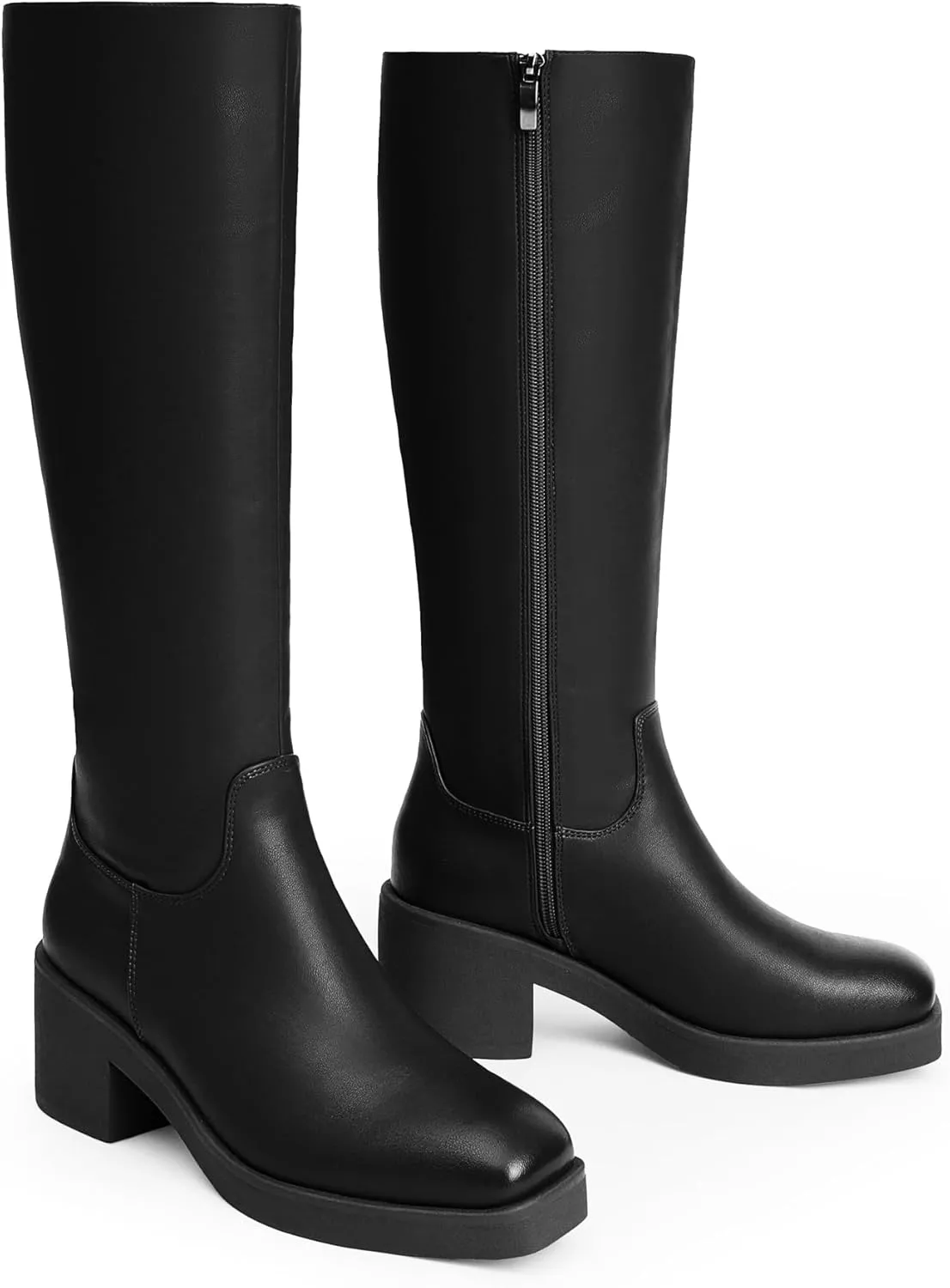 Modatope Platform Knee High Boots Square Toe Chunky Heel Boots for Women Side Zipper Block Heel Womens Heeled Boots