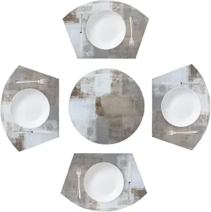 Modern Art Placemats for Round Table Set of 5 Brown Grey Abstract 4 Wedge Table mats 1 Round Dining Tablemat Decor Washable Heat Resistant Non-Slip for Indoor Outdoor Farmhouse Kitchen Dinner Placemat