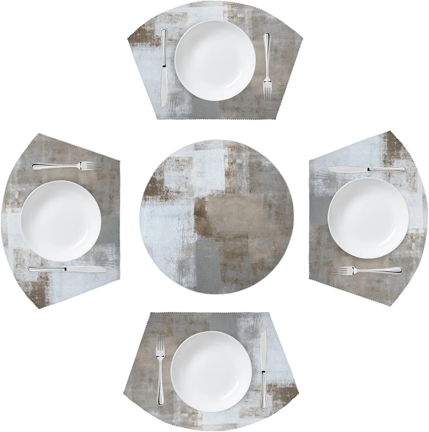Modern Art Placemats for Round Table Set of 5 Brown Grey Abstract 4 Wedge Table mats 1 Round Dining Tablemat Decor Washable Heat Resistant Non-Slip for Indoor Outdoor Farmhouse Kitchen Dinner Placemat