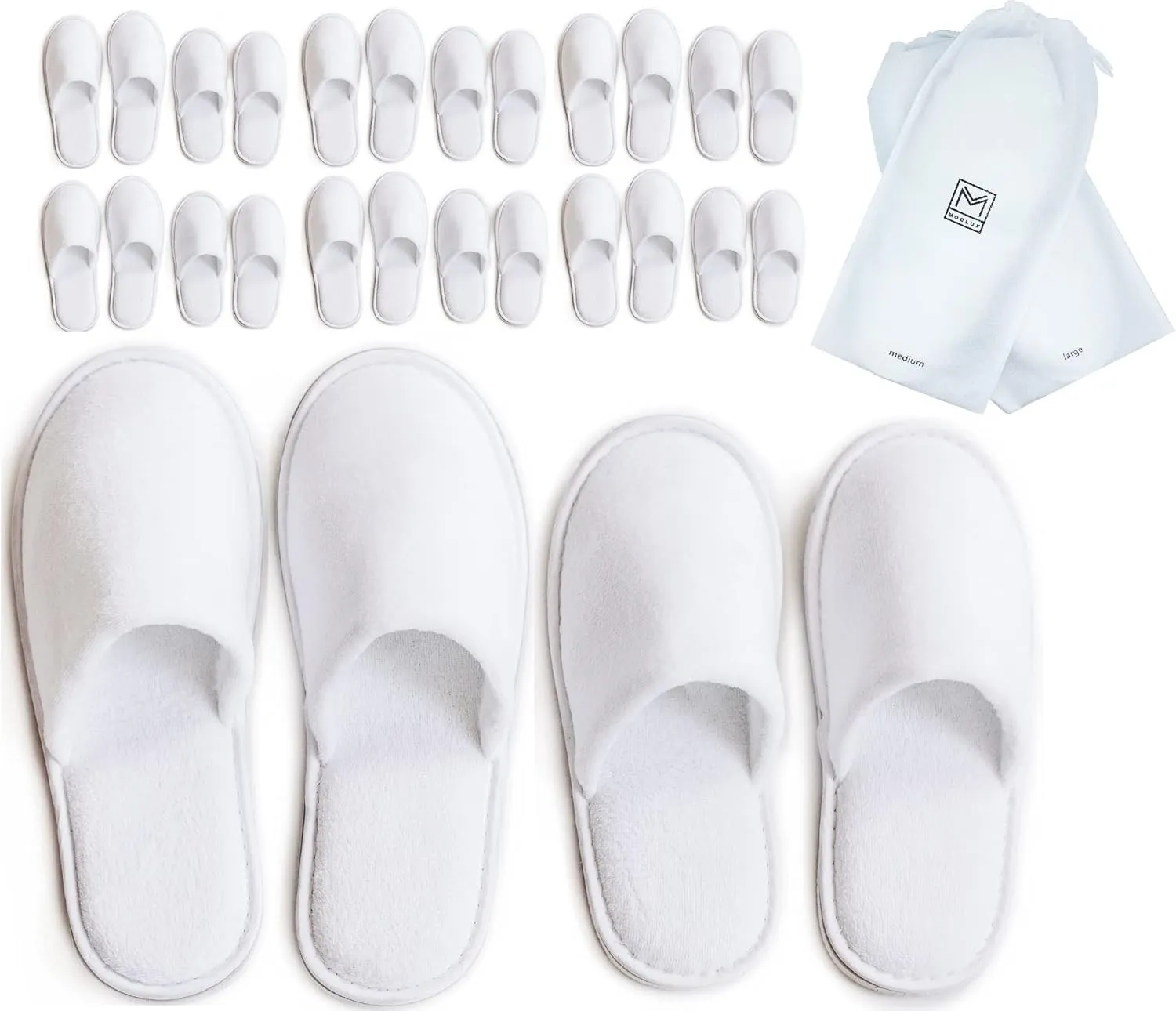 MODLUX Spa Slippers, 12 Pairs Cotton Velvet Closed Toe Disposable Slippers for Guests, 6 Medium and 6 Large House Shoe, Hotel, Home, Indoor, Bride Slippers, Slip-on with Travel Bag, White