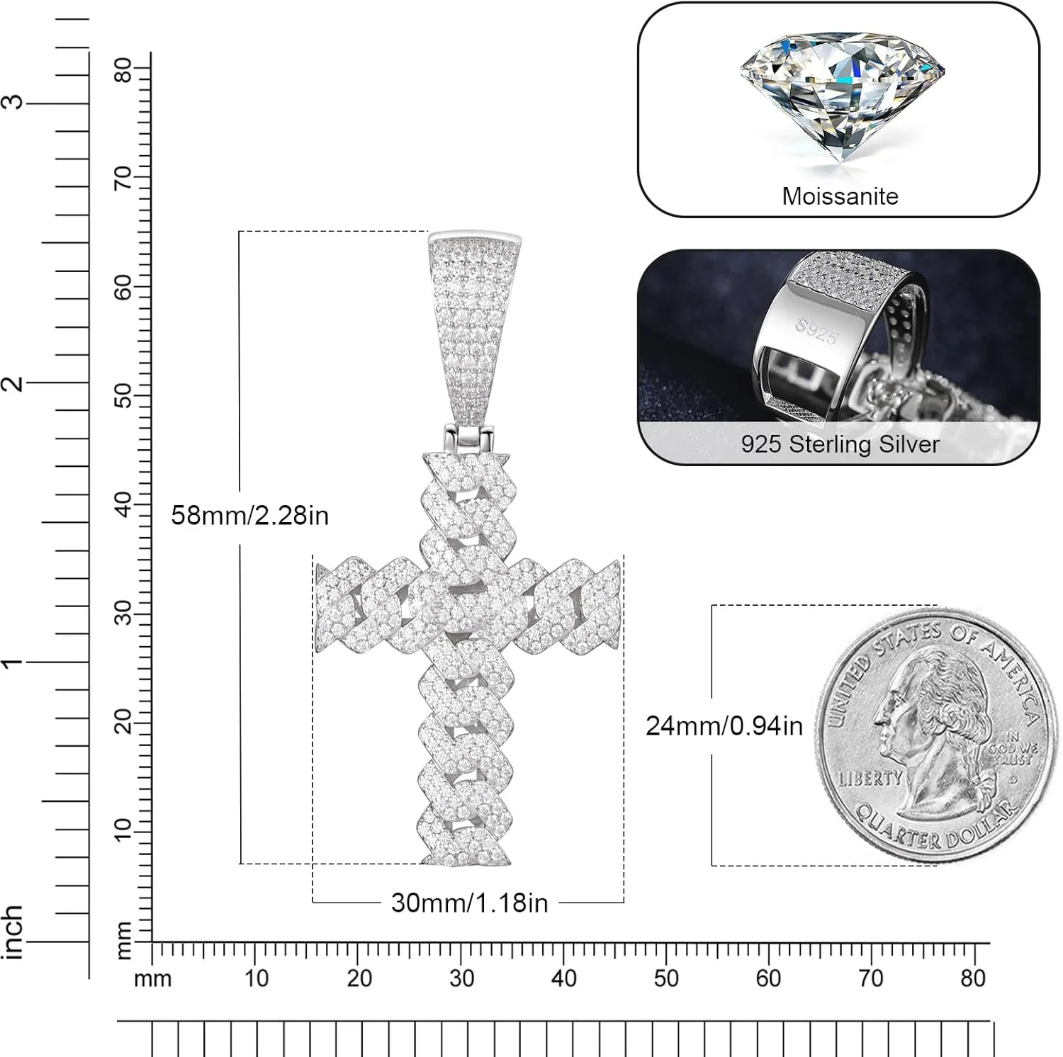 Moissanite Cross Necklace 2.7 Carat Iced Out Moissanite Cross Pendant 925 Sterling Silver Cross Chain Necklace D Color VVS1 18k Gold Plated Christian Pendant
