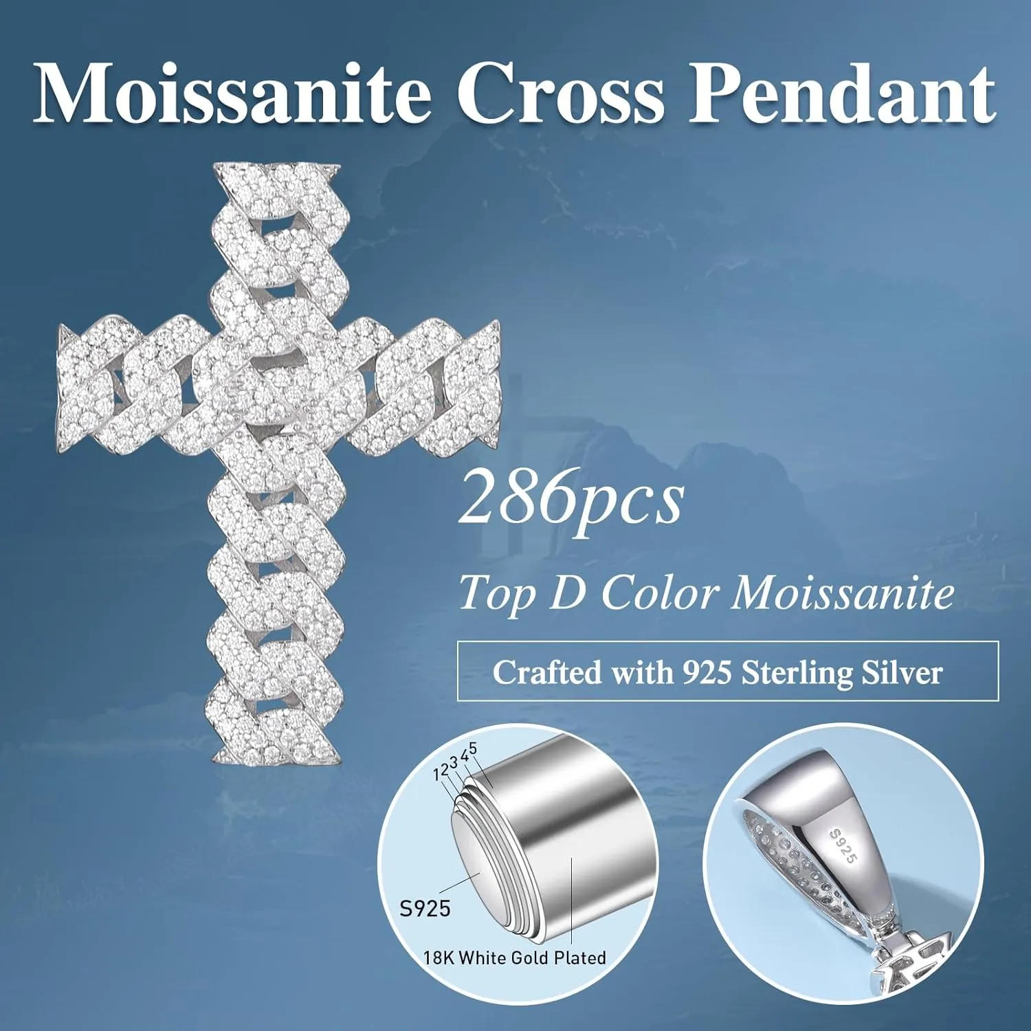 Moissanite Cross Necklace 2.7 Carat Iced Out Moissanite Cross Pendant 925 Sterling Silver Cross Chain Necklace D Color VVS1 18k Gold Plated Christian Pendant