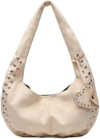 Molodo Rivets Studded Shoulder Bag for Women Suede Leather Hobo Bag Retro Tote Handbag Purses Fall Winter Underarm Bags