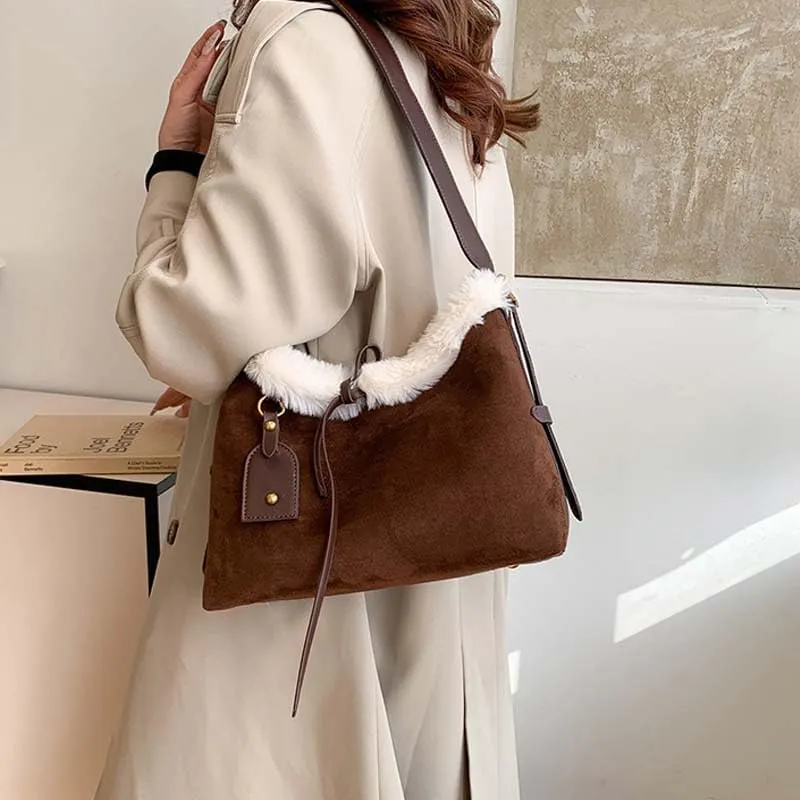 Molodo Slouchy Suede Tote Bag for Women Fuzzy Shoulder Bag with Faux Shearling Trim Soft Crossbody Bags Tote Handbag