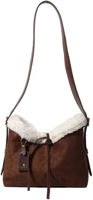 Molodo Slouchy Suede Tote Bag for Women Fuzzy Shoulder Bag with Faux Shearling Trim Soft Crossbody Bags Tote Handbag