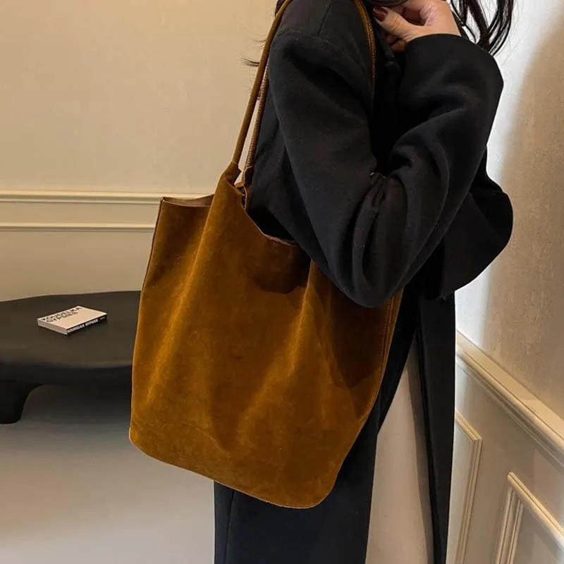 Molodo Suede Leather Tote Bag for Women Retro Shoulder Bag Underarm Handbag Slouchy Tote Purse Work Bag Fall Winter