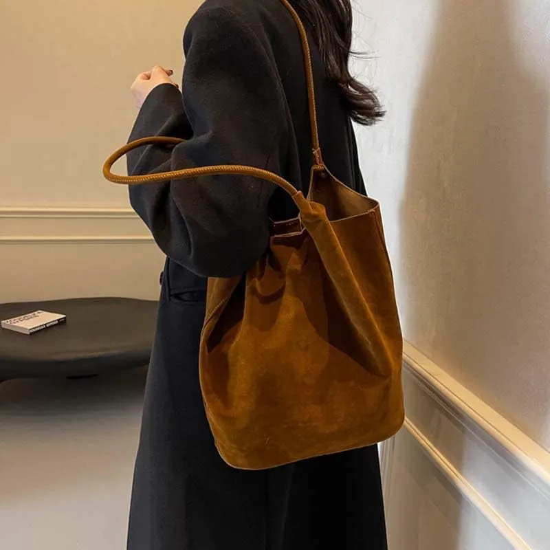 Molodo Suede Leather Tote Bag for Women Retro Shoulder Bag Underarm Handbag Slouchy Tote Purse Work Bag Fall Winter