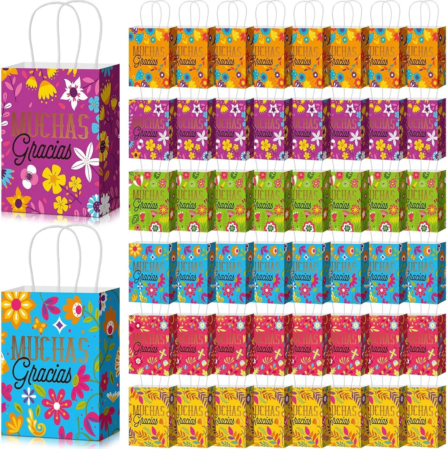 Mooliwe 48 Pcs Cinco De Mayo Fiesta Bags Bulk Mexican Party Gift Bags Supplies Fiesta Muchas Gracias Gift Bags with Handles Mexican Themed Paper Gifts Bags for Cinco De Mayo Party Favor Supplies
