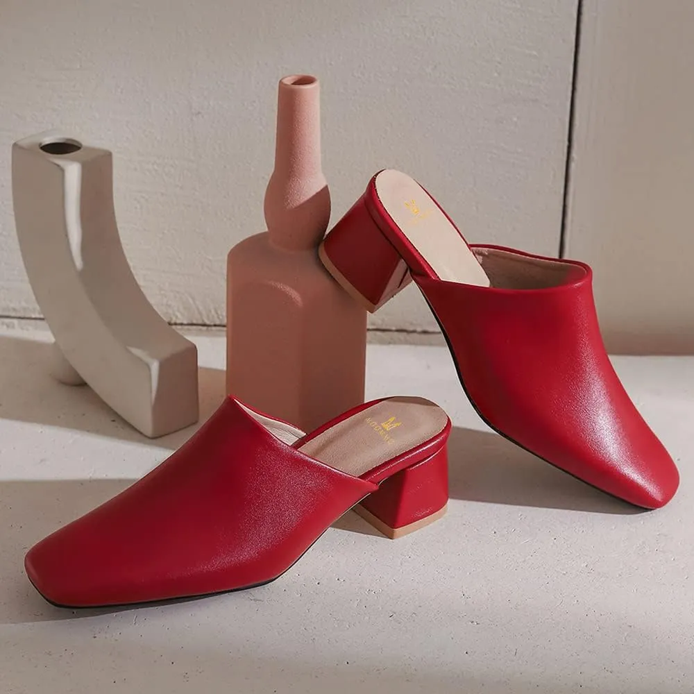 MOOMMO Women Chunky Heel Mules Closed Toe Square Toe Slip On Backless Pumps Mid Block Heel Office Casual Dress Shoes 5-17 US