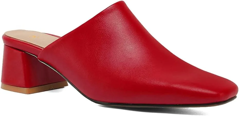 MOOMMO Women Chunky Heel Mules Closed Toe Square Toe Slip On Backless Pumps Mid Block Heel Office Casual Dress Shoes 5-17 US