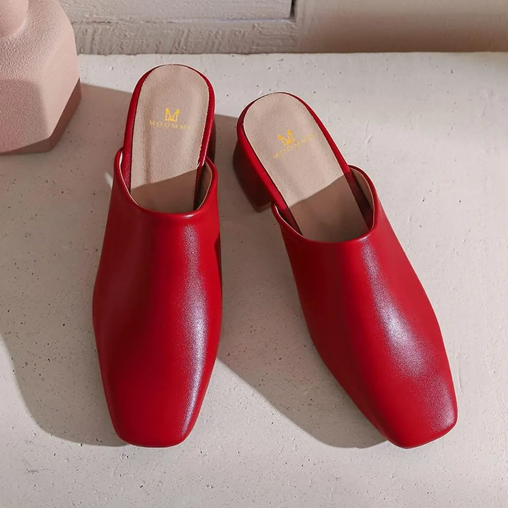 MOOMMO Women Chunky Heel Mules Closed Toe Square Toe Slip On Backless Pumps Mid Block Heel Office Casual Dress Shoes 5-17 US