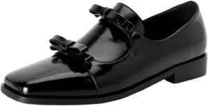 MOOMMO Women Chunky Low Heel Loafers Bow Suede Slip On Closed Square Toe Loafer Shoes Oxfords Comfort 1 Inch Block Heels Dress Shoes Office Loafer Pumps Work Vintage Retro Comfy 4-11 M US