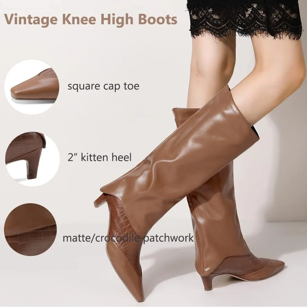MOOMMO Women Vintage Kitten Heel Knee High Boots Square Toe Wide Calf Boots Trouser Leg Pull On Crocodile Animal Print Dress Boots Cap Toe Patchwork Chic Retro Fashion Wedding Party Fall 4-11 M US