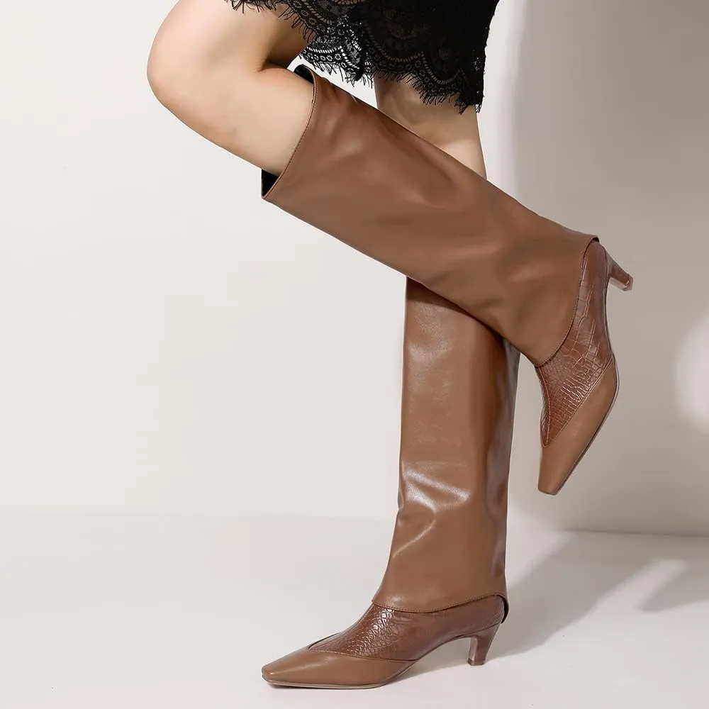 MOOMMO Women Vintage Kitten Heel Knee High Boots Square Toe Wide Calf Boots Trouser Leg Pull On Crocodile Animal Print Dress Boots Cap Toe Patchwork Chic Retro Fashion Wedding Party Fall 4-11 M US
