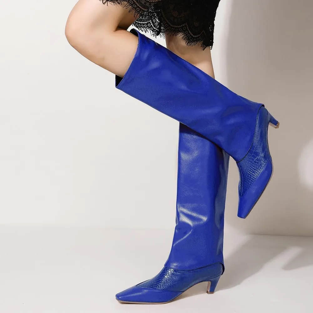 MOOMMO Women Vintage Kitten Heel Knee High Boots Square Toe Wide Calf Boots Trouser Leg Pull On Crocodile Animal Print Dress Boots Cap Toe Patchwork Chic Retro Fashion Wedding Party Fall 4-11 M US