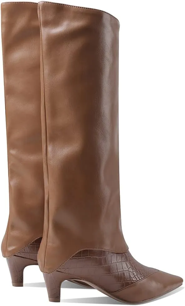MOOMMO Women Vintage Kitten Heel Knee High Boots Square Toe Wide Calf Boots Trouser Leg Pull On Crocodile Animal Print Dress Boots Cap Toe Patchwork Chic Retro Fashion Wedding Party Fall 4-11 M US
