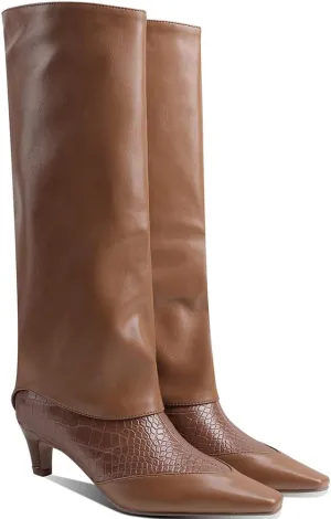 MOOMMO Women Vintage Kitten Heel Knee High Boots Square Toe Wide Calf Boots Trouser Leg Pull On Crocodile Animal Print Dress Boots Cap Toe Patchwork Chic Retro Fashion Wedding Party Fall 4-11 M US