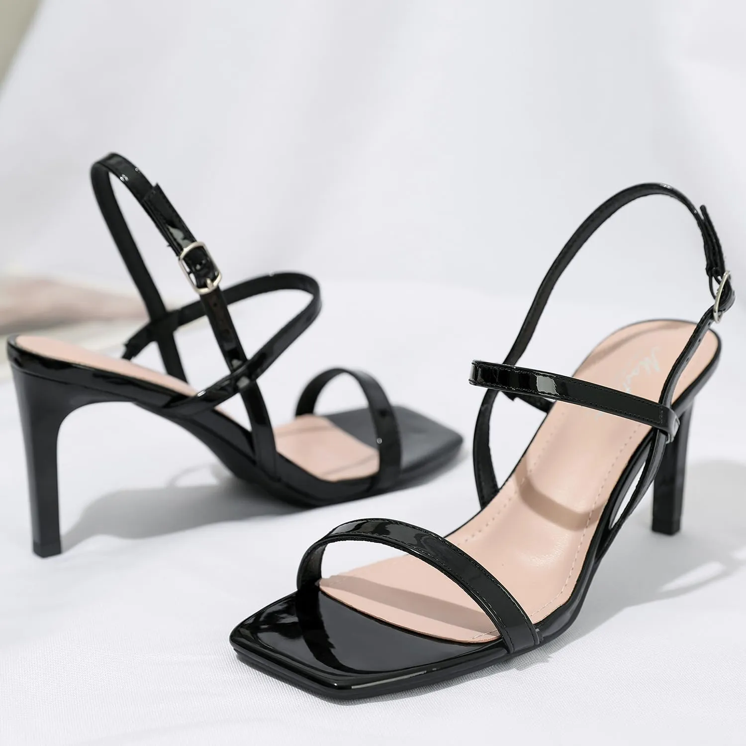 Mostrin Heels for Women Strappy Sandals Square Open Toe High Heel Sandals Ankle Strap Stiletto Heels for Party Wedding